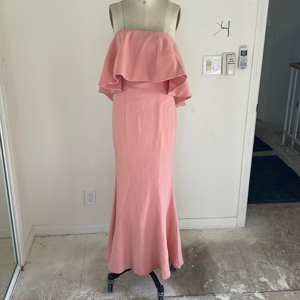 Jarlo fully lined pink gown with ruffled bodice.